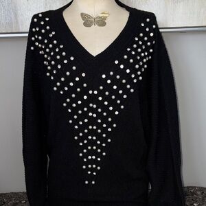 New York & Company Black V-Neck Sweater with Pearl & rhinestone Accents
